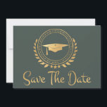 Graduation Save The Date Gold Emblem Grad Cap<br><div class="desc">I enjoy designing art work for graduations. This is modern simple and elegant classic gold and green coloured Save the Date announcement card. Modern style text. Add your own message on the back of the cards giving details to your family and friends to save the date for a graduation ceremony,...</div>