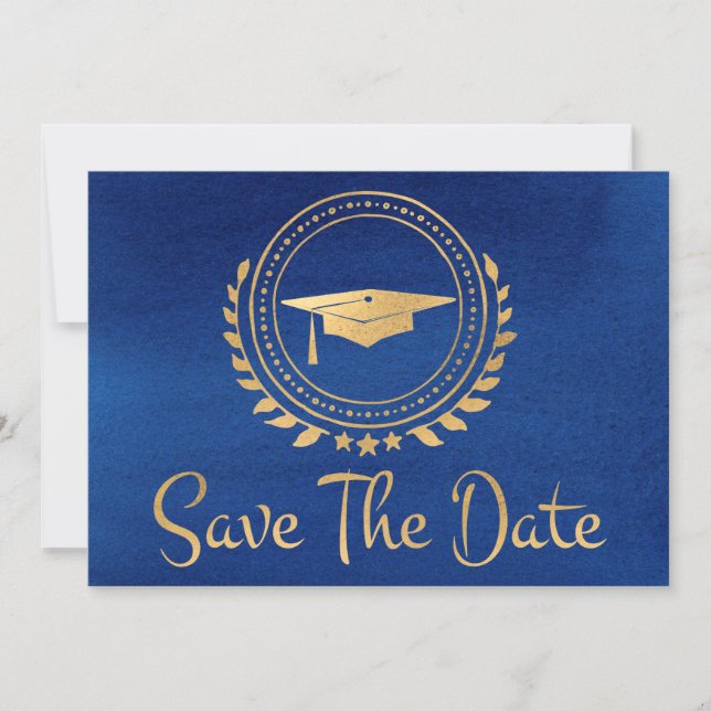 Graduation Save The Date Gold Grad Cap Blue (Front)