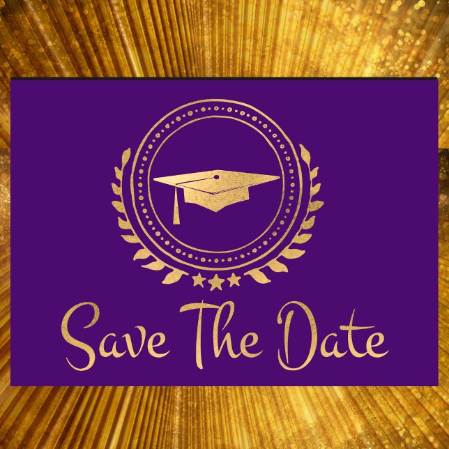 Graduation Save The Date Gold Grad Cap Purple (Creator Uploaded)