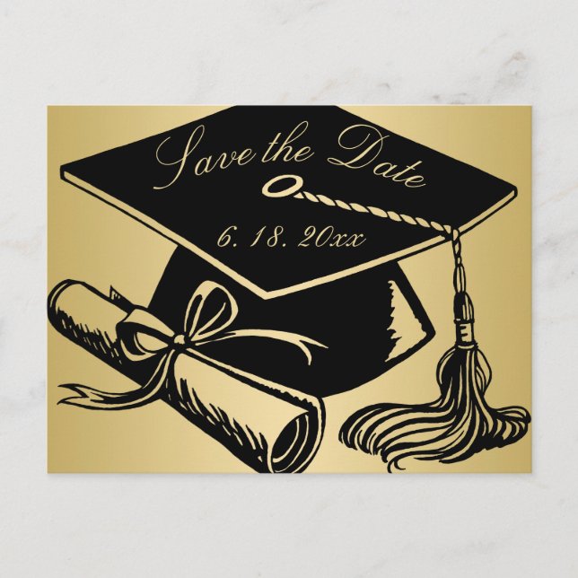 Graduation Save the Date Gold w/ Grad Cap Diploma Announcement Postcard (Front)