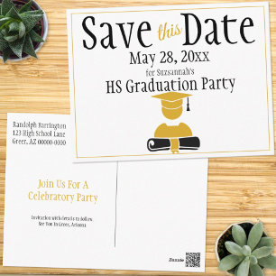 Graduation Save The Date Minimalist Black Gold Postcard