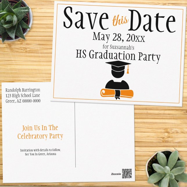 Graduation Save The Date Minimalist Black Orange Postcard (Creator Uploaded)