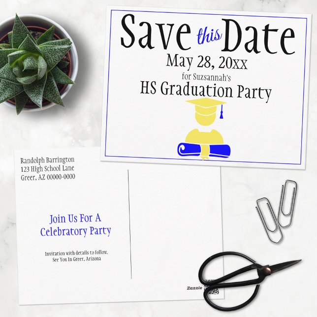 Graduation Save The Date Minimalist Blue Yellow Postcard (Creator Uploaded)