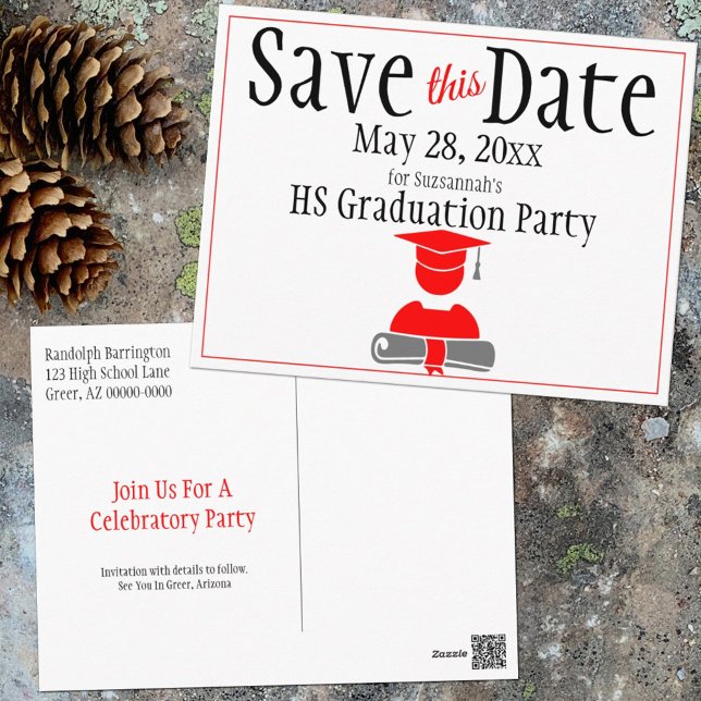 Graduation Save The Date Minimalist Red Grey Postcard (Creator Uploaded)