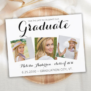 Graduation Save The Date Modern Graduate 3 Photo Postcard