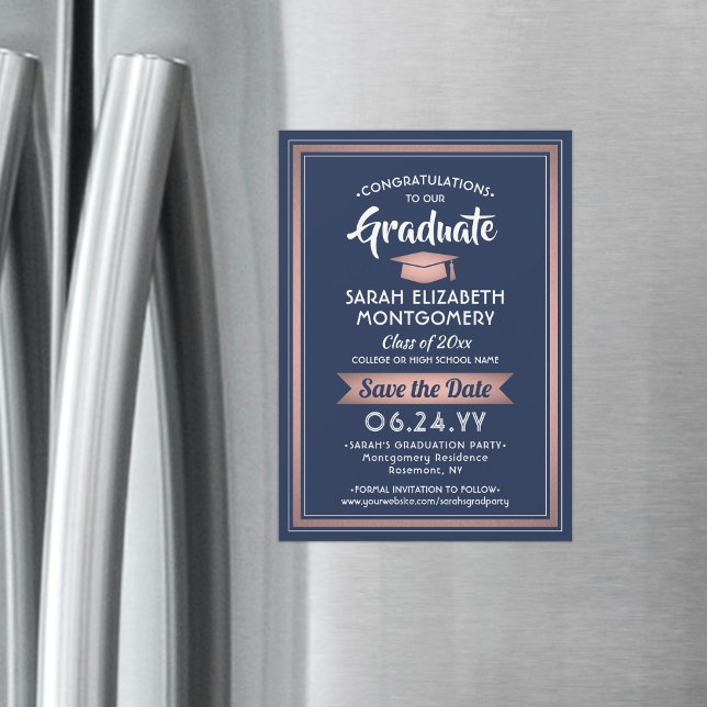 Graduation Save the Date Navy Blue Pink Rose Gold Magnetic Invitation (Creator Uploaded)