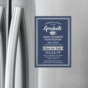 Graduation Save the Date Navy Blue White & Silver Magnetic Invitation
