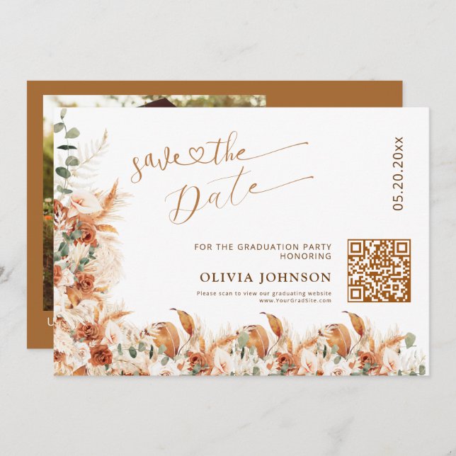 Graduation Save the Date QR Code | Boho Pampass (Devant / Derrière)