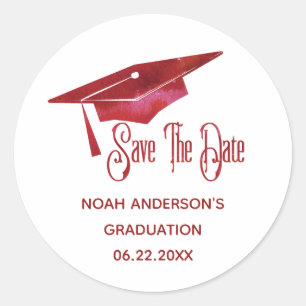 Graduation Save The Date Simple Modern Red Grad Classic Round Sticker