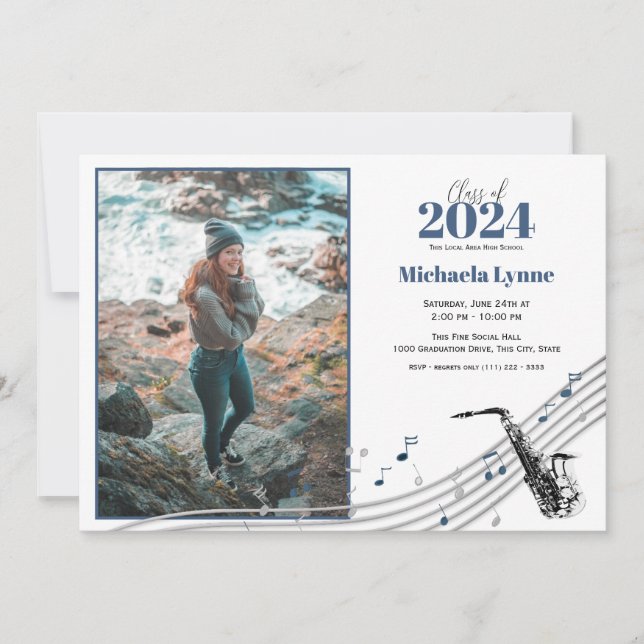 Graduation Saxophone Marching Band with Photo Invitation (Front)