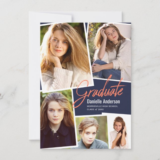 Graduation Scattered Photo Collage Modern Script Announcement (Front)