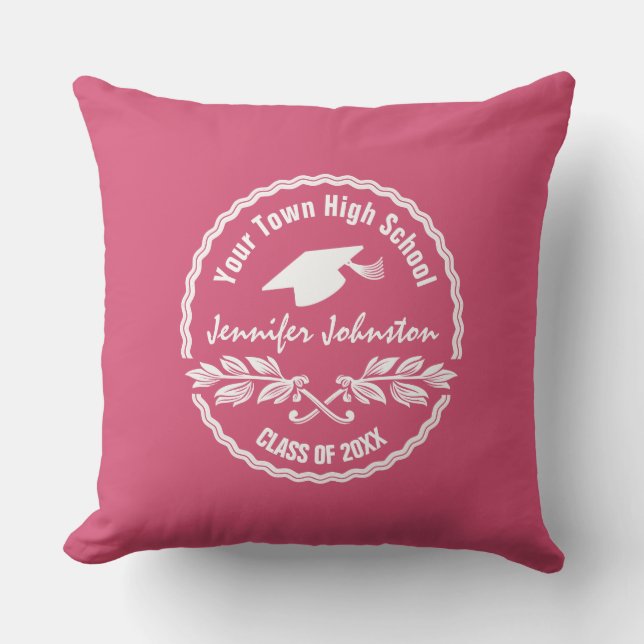 Graduation School and Class Year Pink Custom Throw Pillow (Front)