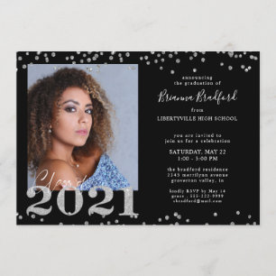 Graduation Script 2021 Silver Glitter Photo Black Invitation