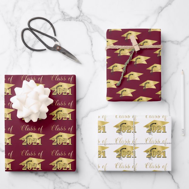 Graduation Script Class Year Burgundy Gold Foil Wrapping Paper Sheet (Front)