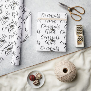 Graduation Script CONGRATS GRAD Black White Wrapping Paper