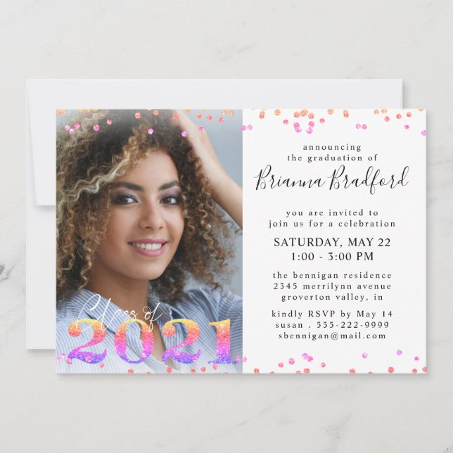 Graduation Script Multi-Colour Glitter 4 Photo Invitation (Front)
