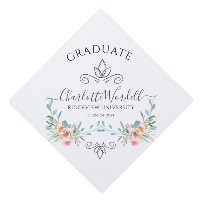 Graduation Script Name Floral Graduation Cap Topper (Front)