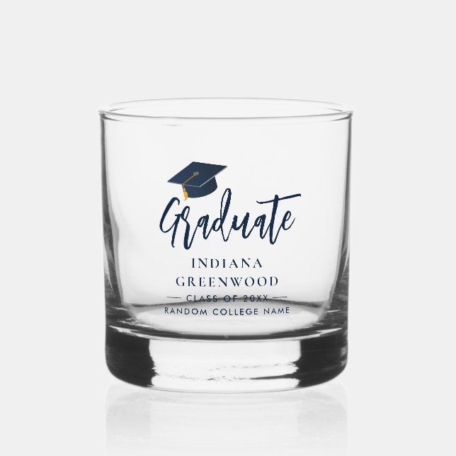 Graduation Script Navy Blue Personalized Keepsake Whiskey Glass (Front)
