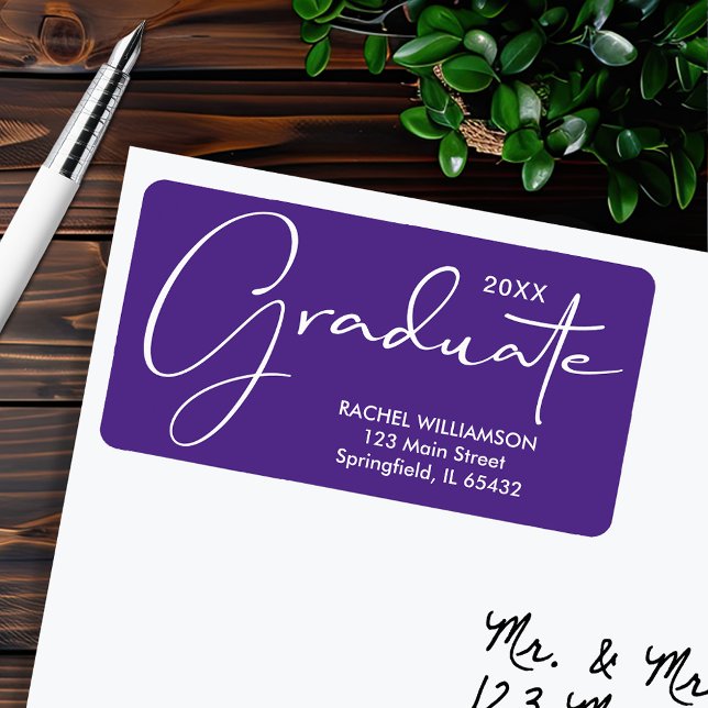 Graduation Script Purple Return Address Label (Graduation script purple return address labels, 2.375" x 1.25", 18 labels per sheet)
