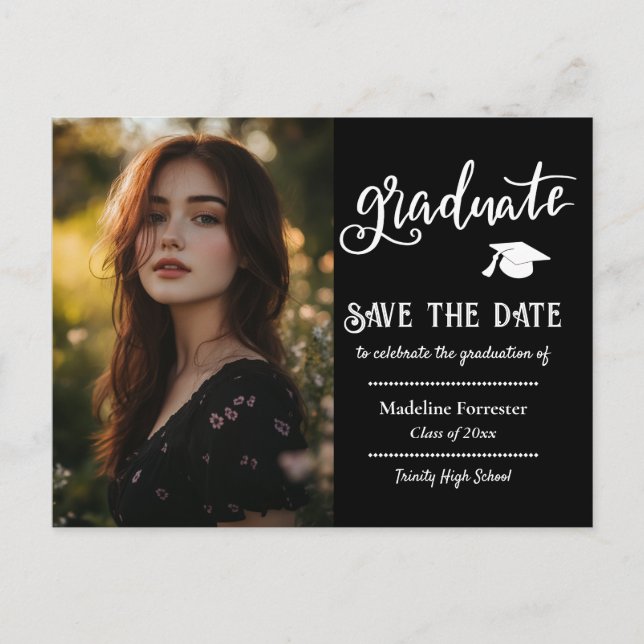 Graduation Script | Save The Date Grad Photo Announcement Postcard (Front)