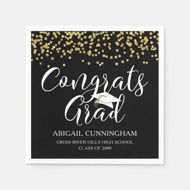 Graduation Script Typography CONGRATS GRAD Black Napkin (Front)