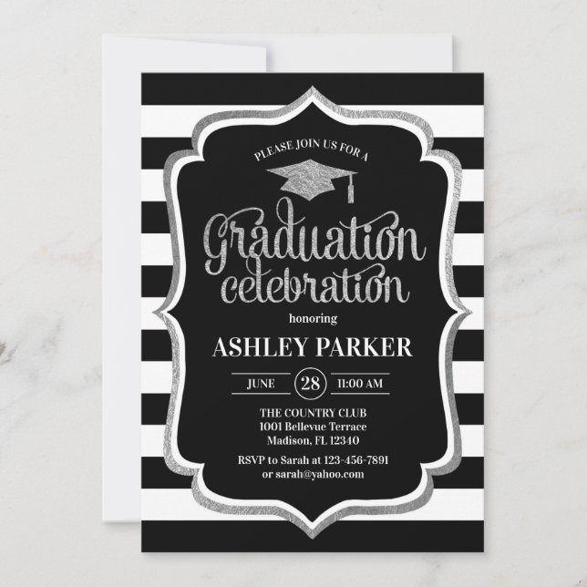 Graduation - Silver Black White Stripes Invitation (Front)