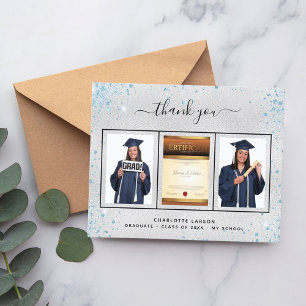 Graduation silver blue photo thank you card