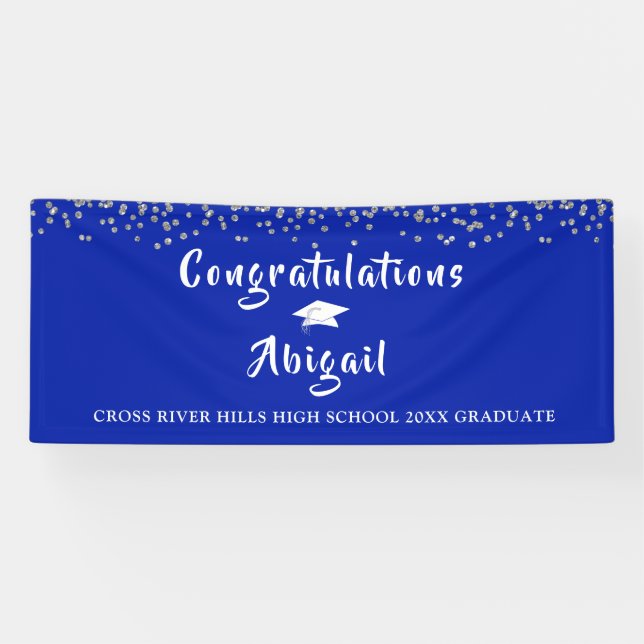 Graduation Silver Confetti Brush Script Royal Blue Banner (Horizontal)