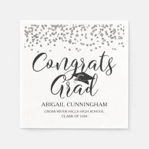Graduation Silver Confetti CONGRATS GRAD Name Napkin