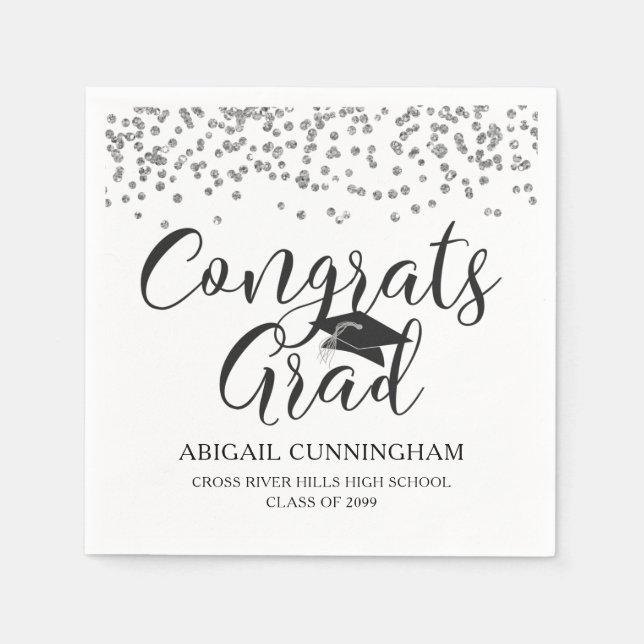 Graduation Silver Confetti CONGRATS GRAD Name Napkin (Front)