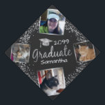 Graduation Silver Frame 4 photo Tassel Topper<br><div class="desc">Graduate any year four photo faux silver foil frame pictures with faux silver glitter. Graduate silver text is not adjustable. Just use the customize it template options for all other text. Faux silver foil elements used in the design.</div>