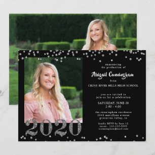 Graduation Silver Glitter Confetti Black Invitation