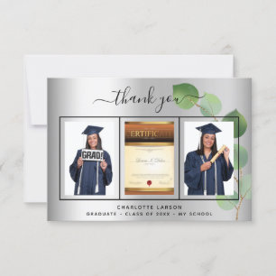 Graduation silver graduate photo eucalyptus thank you card
