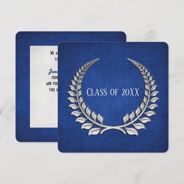 Graduation Silver Laurel on Blue Invitation (Front/Back)