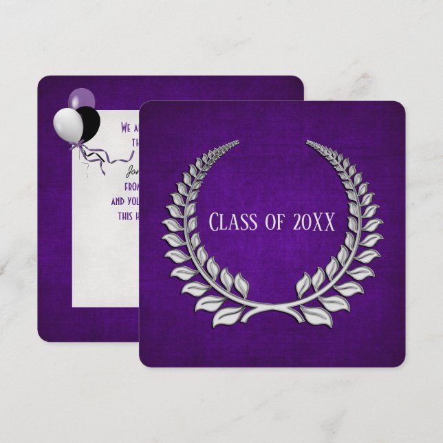 Graduation Silver Laurel on Purple Invitation (Front/Back)