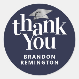 Graduation Silver Mortarboard THANK YOU Navy Blue Classic Round Sticker