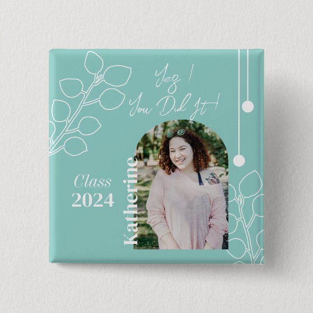 Graduation Simple Foliage Photo Aqua 2 Inch Square Button (Front)