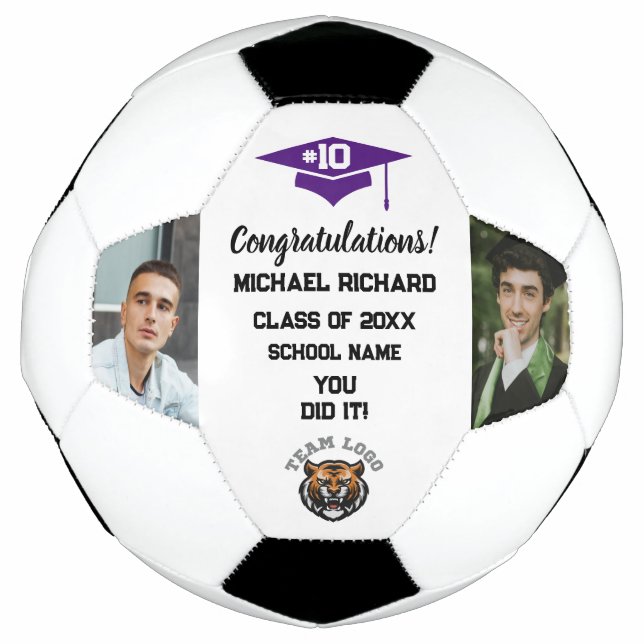 Graduation Soccer Custom Photo & Name Purple Ball (Front)