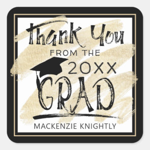 Graduation Thank You Black Gold Hand Lettered Square Sticker