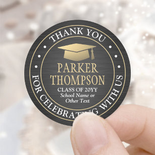 Graduation Thank You Brushed Black Gold and White Classic Round Sticker