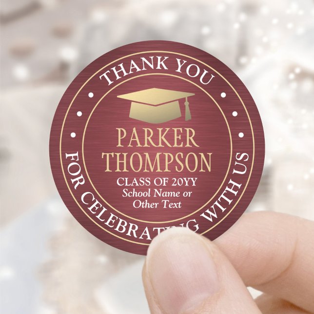 Graduation Thank You Brushed Burgundy Red and Gold Classic Round Sticker (Creator Uploaded)