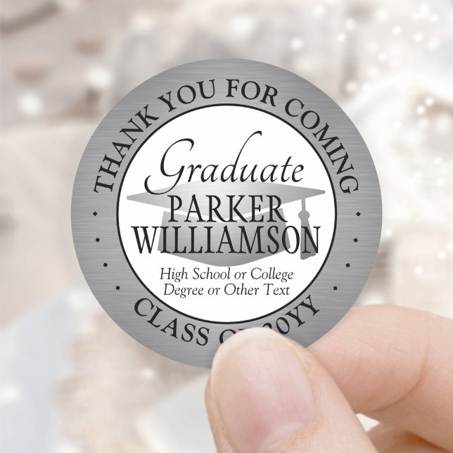 Graduation Thank You Brushed Grey Black and White Classic Round Sticker (Creator Uploaded)