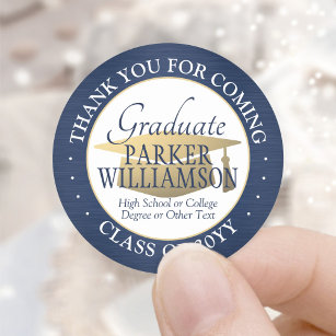 Graduation Thank You Brushed Navy Blue White Gold Classic Round Sticker