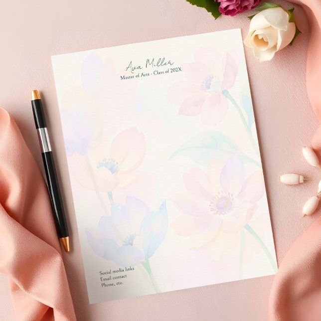 Graduation Thank You Chic Watercolor Floral Script Letterhead (Soft pastel watercolor floral letterhead personalized for chic graduation thank you notes)