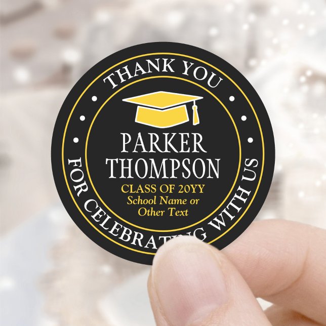 Graduation Thank You Elegant Black Gold Yellow Classic Round Sticker (Creator Uploaded)