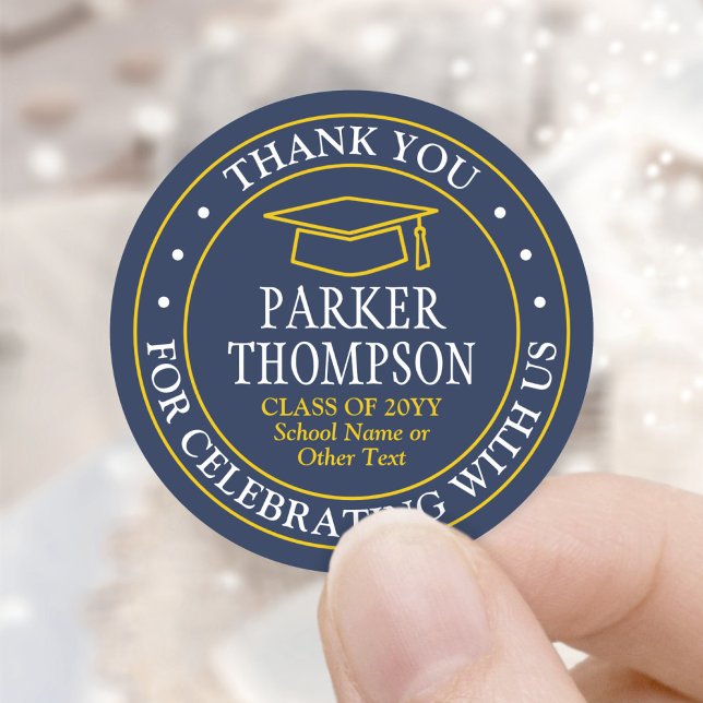 Graduation Thank You Elegant Navy Blue Gold Yellow Classic Round Sticker (Creator Uploaded)