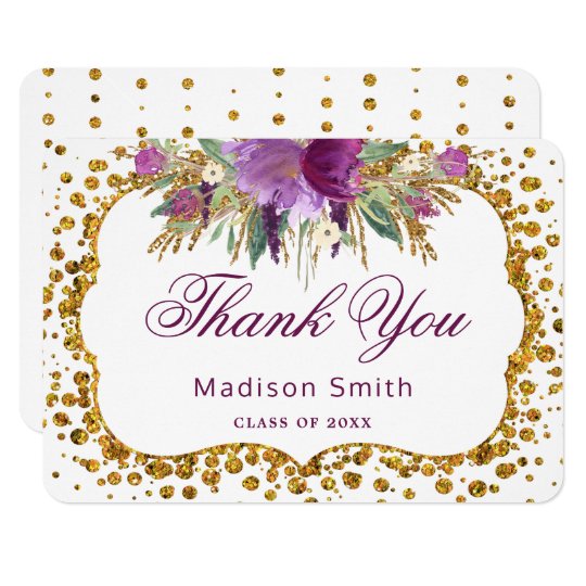 Graduation Thank You Floral Gold Glitter Confetti Card