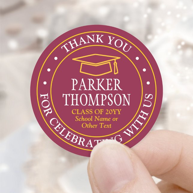 Graduation Thank You Modern Maroon Red Gold Yellow Classic Round Sticker (Creator Uploaded)