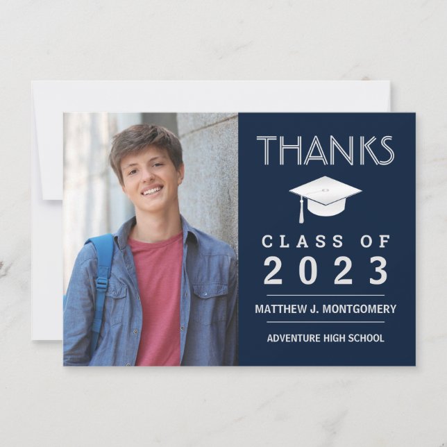 Graduation Thank You Modern Photo Blue Card (Front)