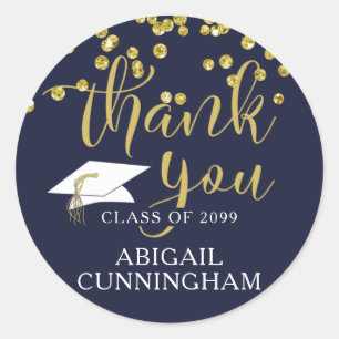 Graduation THANK YOU Navy Blue Script Confetti  Classic Round Sticker